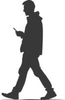 silhouette man walking while playing on smartphone black color only vector