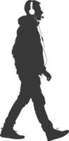 silhouette man walking while listening to headset black color only vector