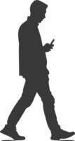 silhouette man walking while playing on smartphone black color only vector