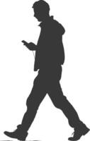 silhouette man walking while playing on smartphone black color only vector