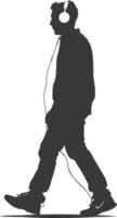 silhouette man walking while listening to headset black color only vector