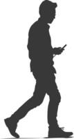 silhouette man walking while playing on smartphone black color only vector