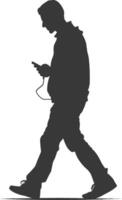 silhouette man walking while playing on smartphone black color only vector