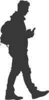 silhouette man walking while playing on smartphone black color only vector