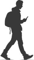 silhouette man walking while playing on smartphone black color only vector