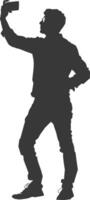 silhouette man taking selfie photo on smartphone with poses black color only vector