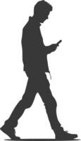 silhouette man walking while playing on smartphone black color only vector