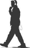 silhouette man walking while listening to headset black color only vector