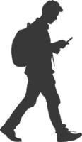 silhouette man walking while playing on smartphone black color only vector