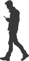 silhouette man walking while playing on smartphone black color only vector