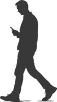 silhouette man walking while playing on smartphone black color only vector