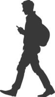 silhouette man walking while playing on smartphone black color only vector