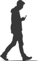 silhouette man walking while playing on smartphone black color only vector