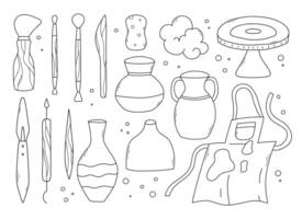 Set of pottery tools in doodle style. Collection of tools for clay in line style. illustration. vector