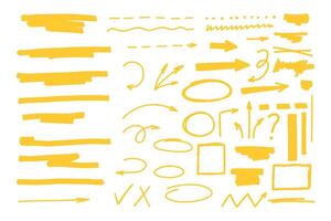 Highlighter collection, brush lines, isolated in white background. Marker yellow set, brush pen hand drawn underline. highlighter graphic stylish element. vector