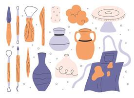 Set of pottery tools in flat style. Collection of tools for clay in hand drawn style. illustration. vector