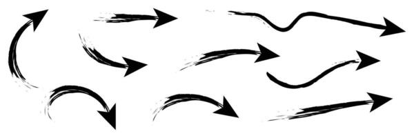 Set of Hand drawn curved arrow icon with brush. Brush long arrow isolated on a white background. vector