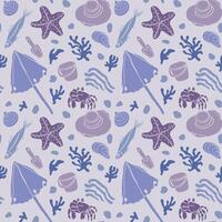 Fun beach pattern with a sun hat, bucket, beach umbrella, starfish, crab and algae. Coastal retreat playful repeat pattern in purple tones. vector