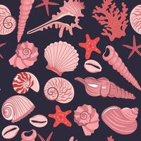 Seamless pattern with pink sea shells on a dark background. graphics. vector