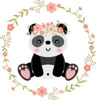 Funny panda in the round frame with spring flowers vector