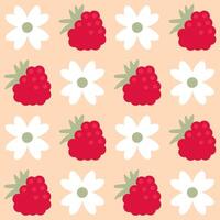Simple summer pattern with flowers and raspberries. Geometric retro print for curtain, tablecloth, textile and fabric. Hand drawn background for decor and design. vector