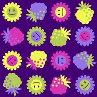 Retro style pattern with happy smile flowers and raspberries. Groovy print for pillow, blanket, textile and fabric. Hand drawn background. vector