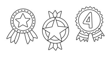 Cute set with doodle badges and medals in colors of US flag. Outline insignia with stars, ribbon as symbol of Independence day, 4th July, freedom, democracy. Hand drawn collection isolated on white. vector