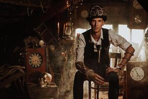 man inventor in a steampunk suit in a top hat with glasses with a cane photo