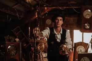 man in a steampunk suit with a cane and a top hat with a golden skull photo