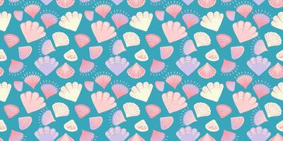 Abstract artistic shapes seashells seamless pattern on a turquoise background. Creative summer marine printing. hand drawing sketch.Template for designs, notebook cover, wrapping paper vector