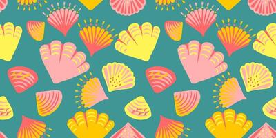 Abstract artistic shapes sea shells colorful seamless pattern. Creative marine printing on a turquoise background. hand drawing sketch.Template for designs, notebook cover, wrapping paper vector