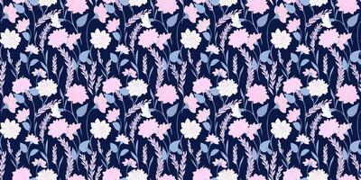 Pink wild blooming meadow seamless pattern on a dark blue background. Abstract artistic branches with ditsy flowers, small leaves, tiny buds printing. hand drawing. Template for designs vector