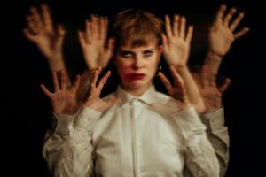 woman is psychopath with schizophrenia and mental disorders. Abstract blurry portrait of a girl with psychosis and panic attacks photo