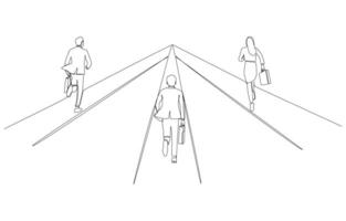 Continuous one line drawing of business people running from different paths into one unified path, joint business partners, working together concept, single line art. vector