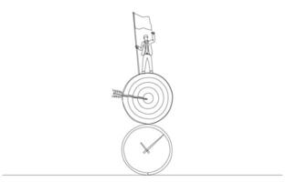 Continuous one line drawing of businessman holding flag standing on shooting target and clock, time management to reach business goal concept, single line art. vector