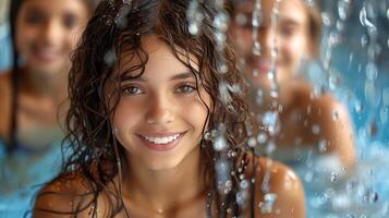 happy children enjoy summer and swim in the pool photo
