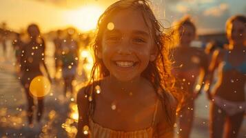 happy children running on meadow in summer in nature photo