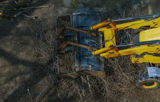 A bulldozer collects branches after pruning trees. View from above photo
