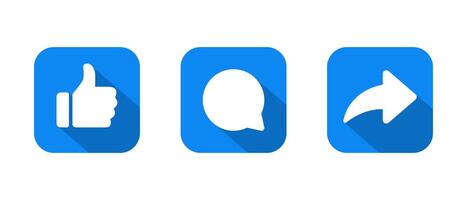 Like thumb up, comment, and share arrow icon with long shadow vector