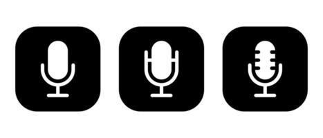 Mic icon set on black square. Microphone, voice recorder button vector