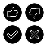 Thumb up, down, check, and cross line icon in black circle. Like, dislike, tick, and x mark sign symbol vector