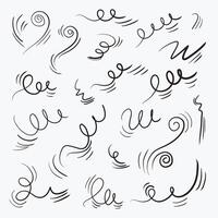 Doodle wind line sketch set. Hand drawn doodle wind movement, air blowing, vortex elements. Sketch of air blowing movement, abstract lines. vector