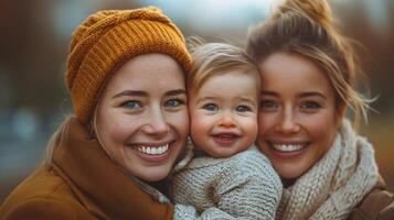 Lesbian couple kissing daughter photo