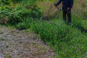A man cuts and mows the grass. Grass cutting work. Worker mows lawn with grass photo