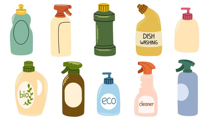 Chemical detergents in plastic bottles. Home cleaning products, household liquids for cleanup, washing, cleansing in different packages, packs. Flat illustration isolated on white background