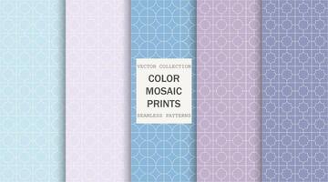 Collection of seamless ornament elegant geometric patterns. repeatable color backgrounds. Delicate decorative prints. Endless grid symmetric textures vector