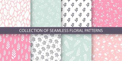 Collection of seamless colorful delicate floral patterns - hand drawn design. Repeatable spring nature cute backgrounds with branches and flowers. Textile endless prints. illustration vector