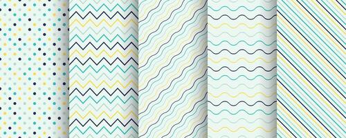 Collection of seamless geometric colorful patterns. Bright minimalistic repeatable dotted and striped backgrounds. Textile endless prints vector