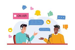 Two podcasters in a lively discussion, each equipped with a headset and microphone. The background features social media icons. Digital broadcasting, online communication, and social media concept vector