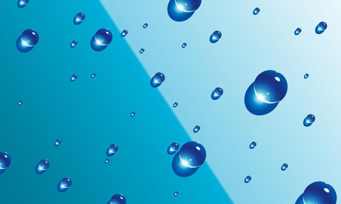 Water droplets on blue background. Realistic illustration of condensation.